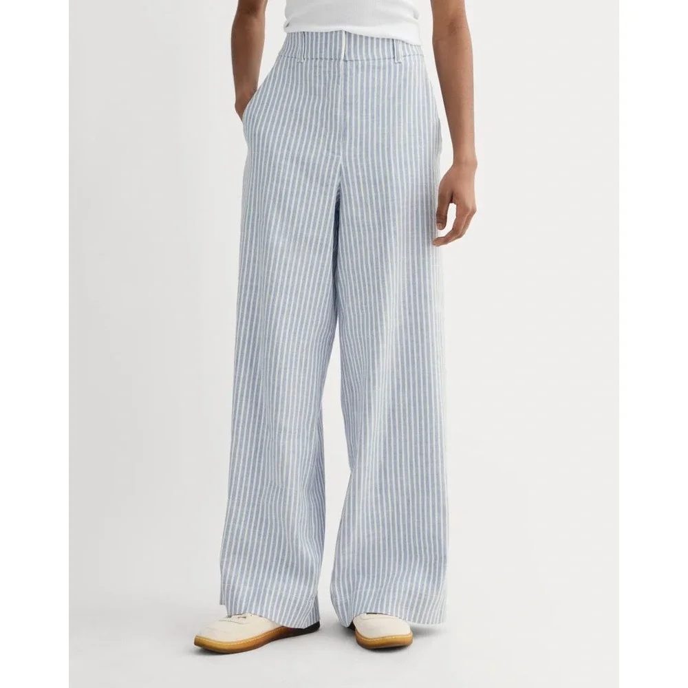 Everlane Wide Leg Pants Women Size 4 Blue White Striped Stretch Linen Flax NEW